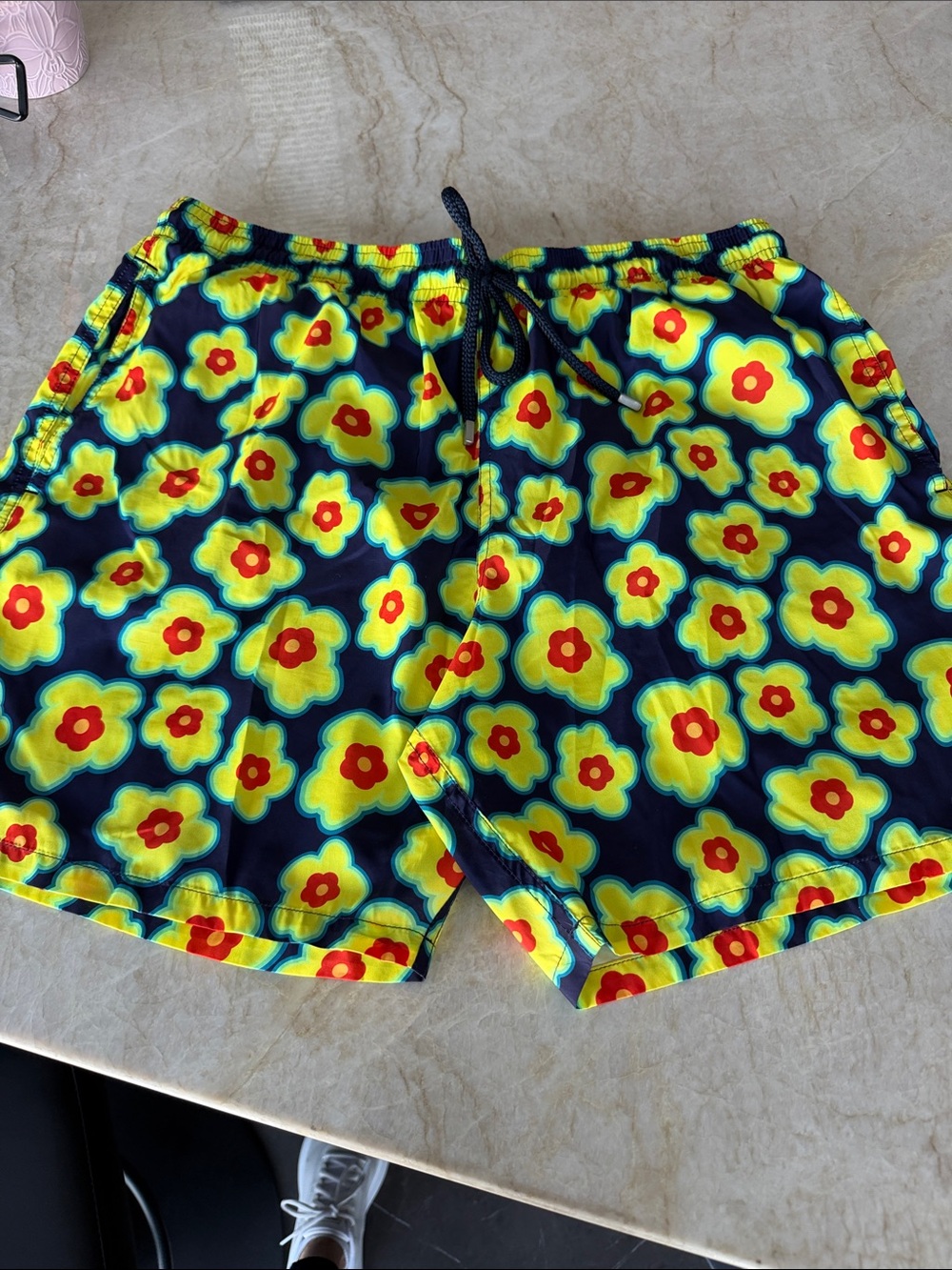 Vilebrequin Navy Swim Trunks with Yellow & Red Floral Print